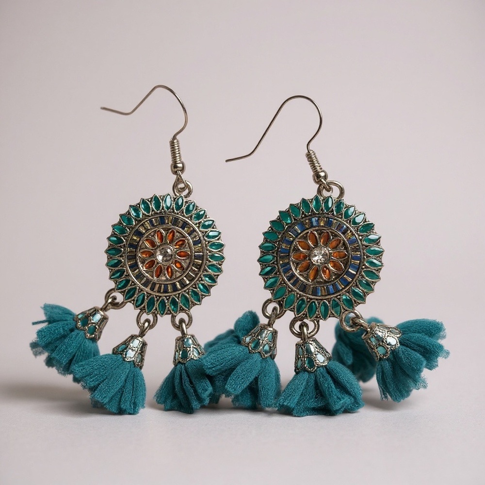 Boho Festival Medallion Tassel Earrings Turquoise